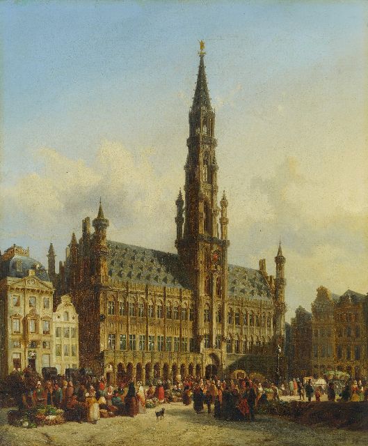 Cornelis Springer | Het Stadhuis van Brussel met levendige groentemarkt, olieverf op doek, 76,5 x 63,5 cm, gesigneerd r.o. en te dateren ca. 1845-1847   reserved