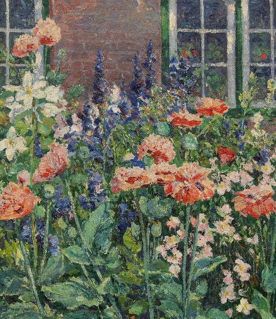 Max Kuchel | Tulpen en ridderspoor in de tuin, olieverf op doek, 49,7 x 42,2 cm, gesigneerd l.o. en te dateren ca. 1910
