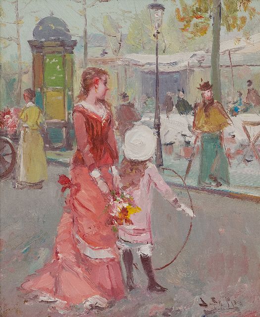 Juan Soler | Moeder en kind op een Parijse boulevard, olieverf op doek op paneel, 27,0 x 22,0 cm, gesigneerd r.o.