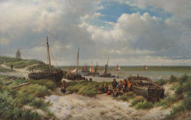 Kleijn L.J.  | Gezicht op de duinen, het strand en de vissersschepen van Katwijk, olieverf op paneel 52,7 x 83,7 cm, gesigneerd r.o.