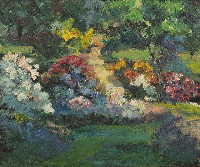 Leest J. van der | Bloementuin, olieverf op doek 50,0 x 60,2 cm, gesigneerd r.o.