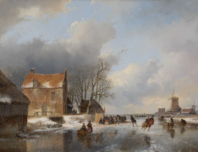Schelfhout A.  | Bevroren rivier met schaatsers en een koek-en-zopietent, olieverf op paneel 40,6 x 52,6 cm, gesigneerd l.o. en gedateerd '41