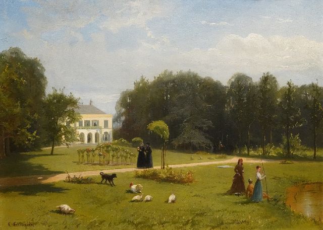 Conradijn Cunaeus | Buitenplaats met elegante dames in de tuin, olieverf op paneel, 26,0 x 35,0 cm, gesigneerd l.o. en privé