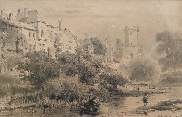 Cornelis Springer | Gezicht op de stadsomwalling van Zutphen met bleekveld en de Drogenapstoren, houtskool op papier, 29,5 x 45,5 cm, gesigneerd r.o. en gedateerd 27 Juny '67