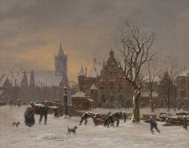 Bart van Hove | Winters stadsgezicht met de Oude Kerk in Delft, olieverf op paneel, 24,7 x 31,5 cm, gesigneerd l.o.