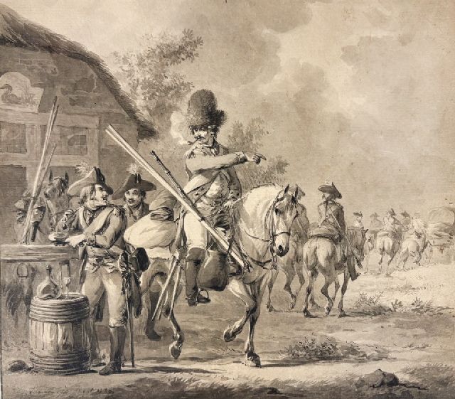 Langendijk D.  | Herberg met rustende soldaten, tekening op papier 19,5 x 22,3 cm, gesigneerd l.o.