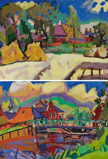 Zee J. van der | Boerenerf; verso: Dorpsgezicht met draaibrug, gouache op papier 54,5 x 75,3 cm, gesigneerd r.o. en gedateerd '54