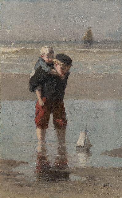 David Artz | Spelende visserskinderen op het strand, olieverf op doek, 43,1 x 27,0 cm, gesigneerd r.o.