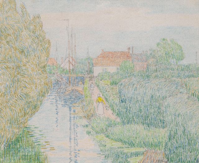 Jan Toorop | Zeeuws landschap met figuren lopend langs een vaartje, kleurpotlood en aquarel op papier, 14,1 x 17,0 cm, gesigneerd r.o.