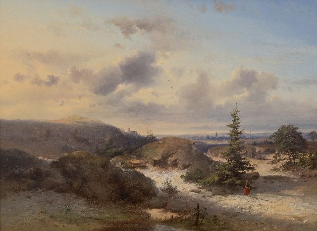 Pieter Kluyver | Landschap met wandelende vrouw, dorp op achtergrond, olieverf op paneel, 34,0 x 47,0 cm, gesigneerd l.o.