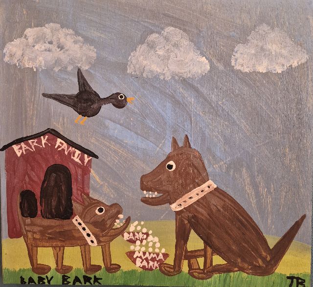 Tim Brown | Baby Family, olieverf op paneel, 43,8 x 47,2 cm, gesigneerd r.o. met initialen