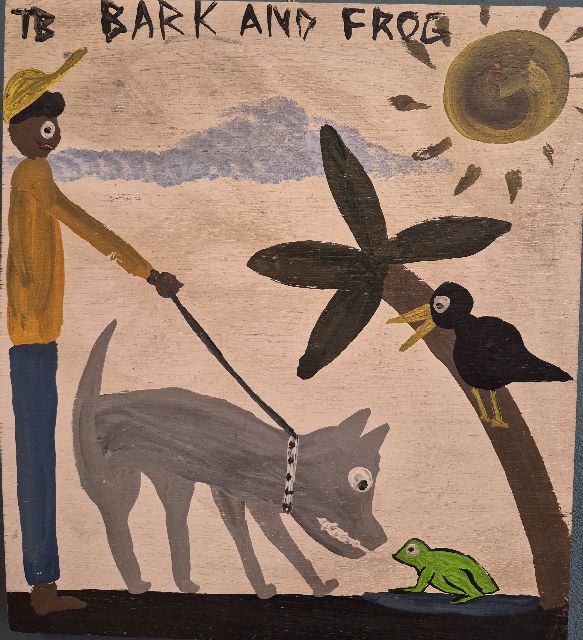 Tim Brown | Bark and frog, olieverf op paneel, 34,3 x 30,8 cm, gesigneerd l.b. met initialen