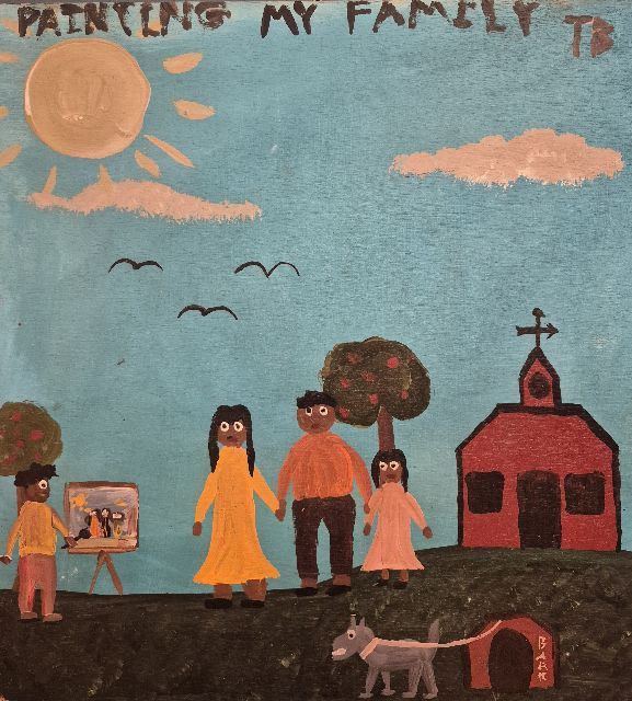 Tim Brown | Painting my family, olieverf op paneel, 40,2 x 37,3 cm, gesigneerd r.b. met initialen