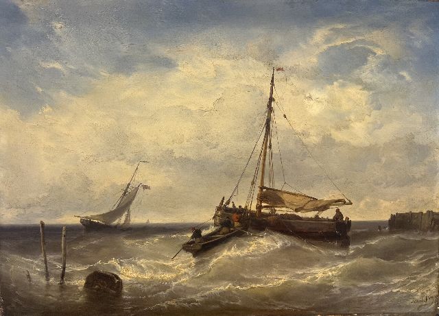 Louis Meijer | Voor anker liggend vissersschip bij de kust, olieverf op doek, 30,3 x 42,0 cm, gesigneerd r.o.