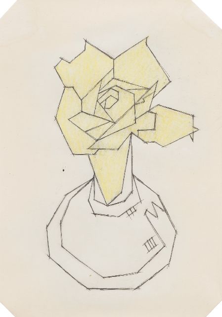 Valk H.J.  | Roos in een fles, kleurpotlood en krijt op papier 22,5 x 23,0 cm