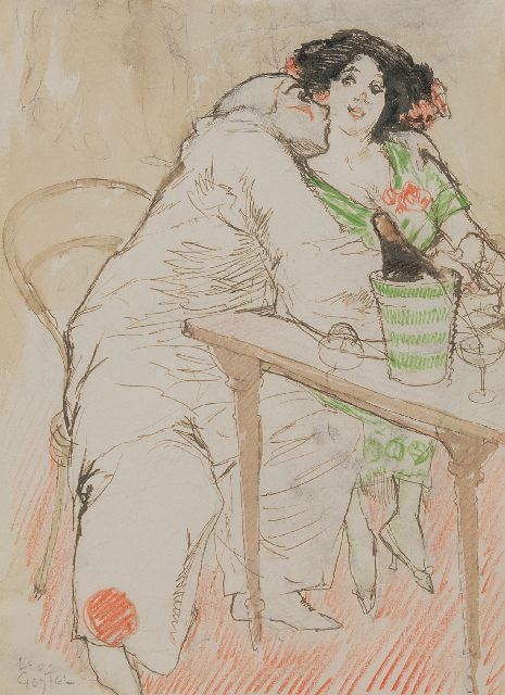 Leo Gestel | Caféscène met een pierrot, potlood, inkt en krijt op papier, 30,0 x 22,0 cm, gesigneerd l.o. en te dateren ca. 1908