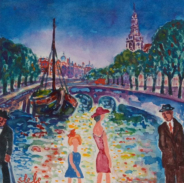 Ferry Slebe | Prinsengracht, Amsterdam, aquarel op papier, 23,1 x 23,1 cm, gesigneerd l.o.