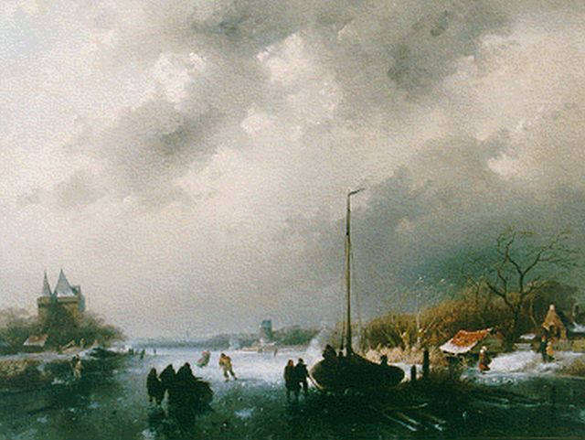 Leickert C.H.J.  | A winter landscape with skaters on the ice, oil on canvas 45.4 x 61.3 cm, signed l.l.