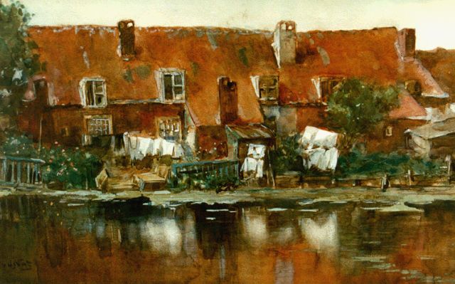 Nat W.H. van der | Houses along a waterway, watercolour on paper 30.6 x 48.1 cm, signed l.l.