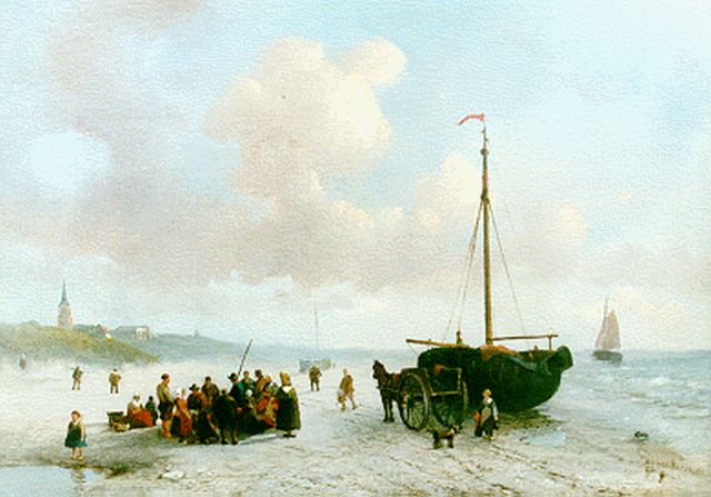 Wilbers A.P.H.  | Fishermen on the beach of Scheveningen, oil on panel 29.4 x 41.3 cm, signed l.r. and dated '52