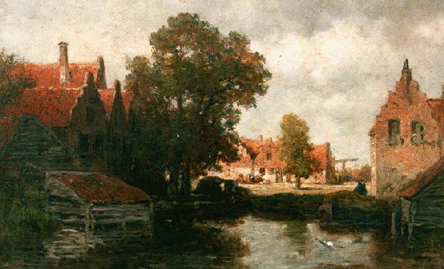Willem Roelofs | Houses along a waterway, oil on panel, 33.4 x 48.2 cm, signed l.r.