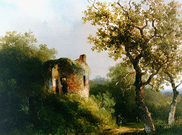 Willem Roelofs | A ruin in a wooded landscape, oil on panel, 19.6 x 24.7 cm, signed l.l. and dated 1940
