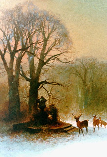 Charles Rochussen | Deer in a winter landscape, oil on panel, 59.9 x 44.6 cm, signed l.l. with initials and dated 1872
