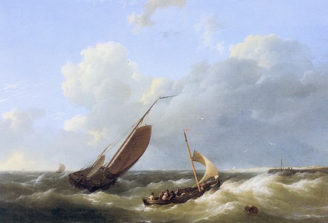Koekkoek H.  | Shipping in choppy waters, oil on panel 24.7 x 33.7 cm, signed l.r.