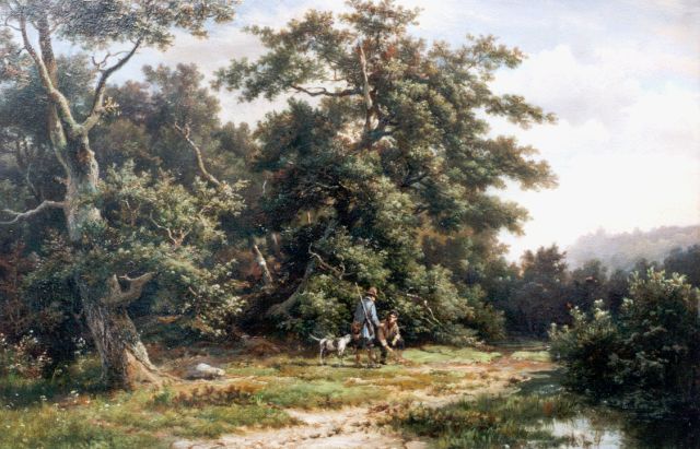 Koekkoek H.  | Hunters on a path, oil on panel 28.7 x 43.8 cm, signed l.c.