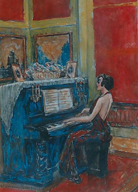 Meurs H.H.  | Elegant lady playing the piano, watercolour on paper 26.0 x 19.0 cm, signed l.l.