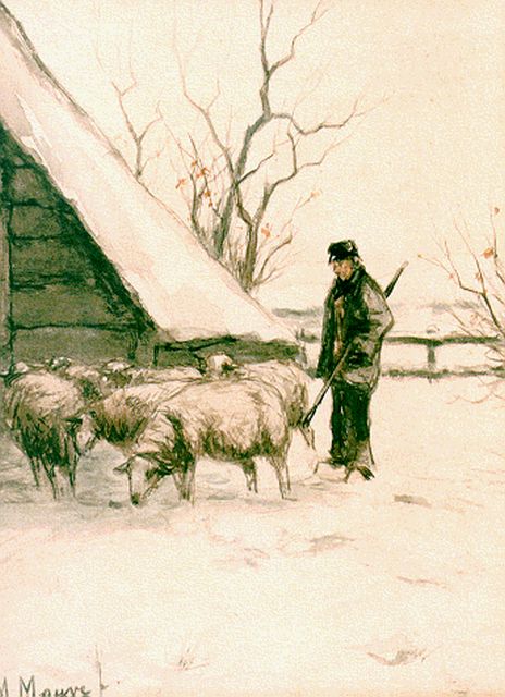 Anton Mauve | A shepherd and flock in a snow-covered landscape, watercolour on paper, 18.0 x 23.3 cm, signed l.l.