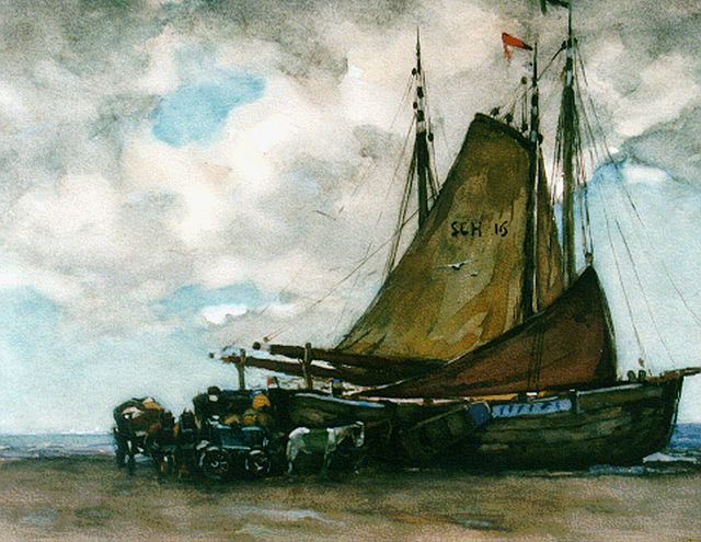Zwart W.H.P.J. de | Unloading the catch, watercolour on paper 34.6 x 43.8 cm, signed l.r.