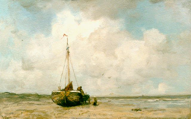 Jacob Maris | 'Bomschuit' on the beach of Scheveningen, oil on canvas, 50.0 x 79.2 cm, signed l.l.