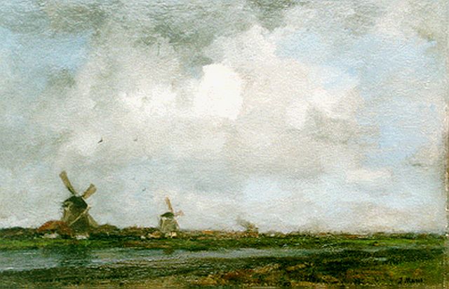 Maris J.H.  | Windmills along a canal near Leiden, oil on canvas 32.3 x 49.5 cm, signed l.r.