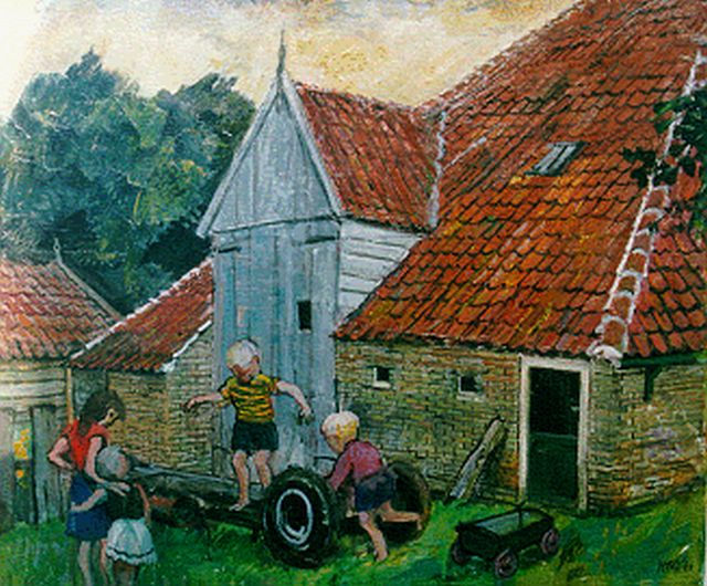 Kamerlingh Onnes H.H.  | Children playing on a yard, Terschelling, oil on canvas 50.3 x 60.2 cm, signed l.r. with monogram and dated '60