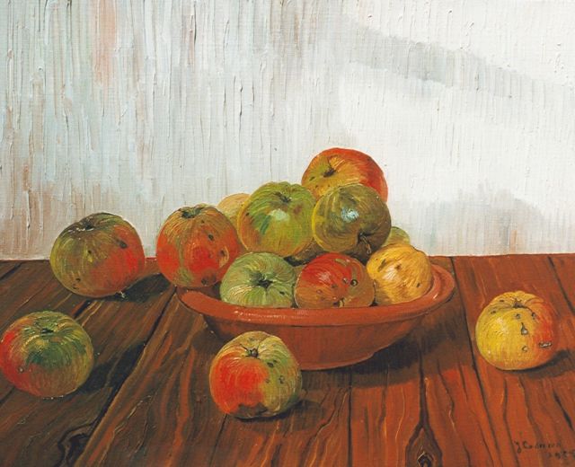 Lodeizen J.  | Still life with apples on an oak table, oil on canvas 40.0 x 50.3 cm, signed l.r. and dated 1925