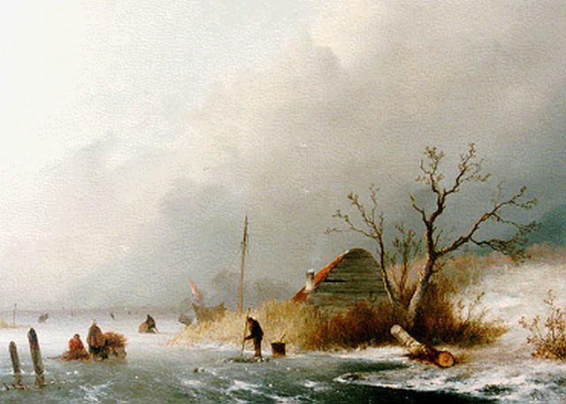 Hoppenbrouwers J.F.  | Skaters on a frozen waterway, oil on panel 34.1 x 47.8 cm, signed l.l. and dated '52