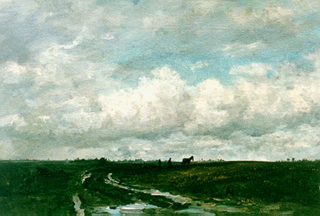 Mesdag H.W.  | A polder landscape with a  ploughing farmer, oil on canvas 49.2 x 78.4 cm, painted circa 1877