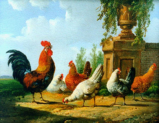 Verhoesen A.  | A rooster and five chickens, oil on panel (2 pieces) 12.8 x 15.4 cm