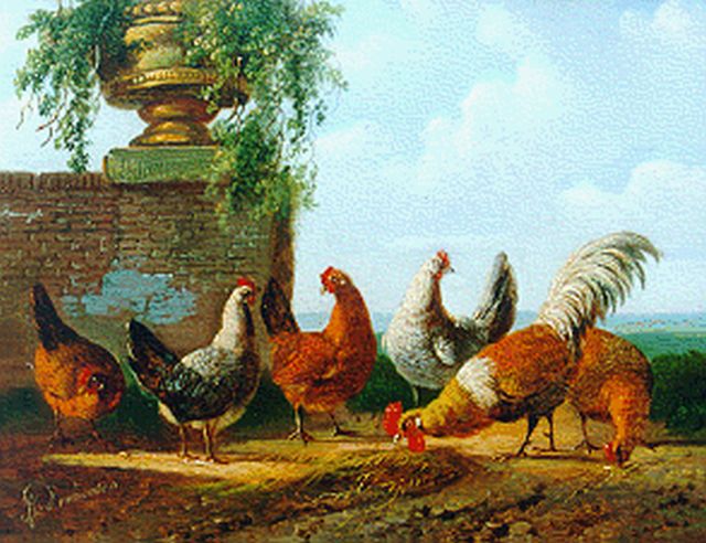 Verhoesen A.  | A rooster and five chickens, oil on panel 12.5 x 15.5 cm, signed l.l.