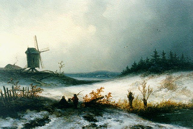 Hoppenbrouwers J.F.  | A winter landscape with windmill, oil on panel 17.0 x 24.8 cm, signed l.l.