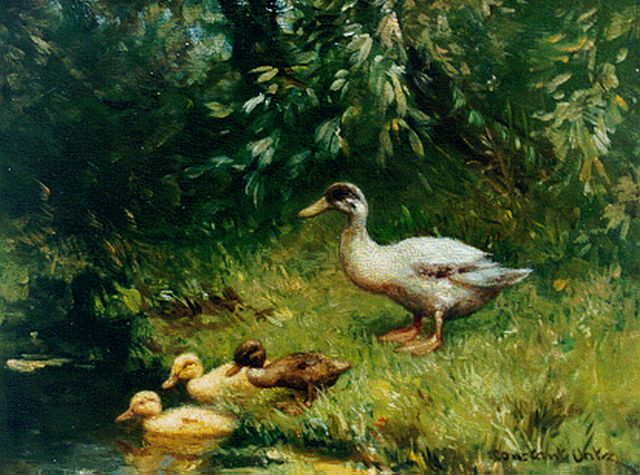 Artz C.D.L.  | Duck with ducklings watering, oil on panel 18.1 x 24.1 cm, signed l.r.