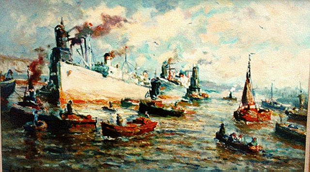 Moll E.  | Harbour activities, Rotterdam, oil on canvas 60.0 x 100.0 cm, signed l.l.