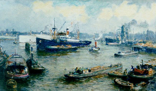Moll E.  | Harbour activities, Rotterdam, oil on canvas 59.6 x 99.8 cm, signed l.l.