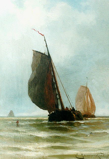 Heemskerck van Beest J.E. van | Flatboats at Sea, oil on panel 50.0 x 34.7 cm, signed l.r.