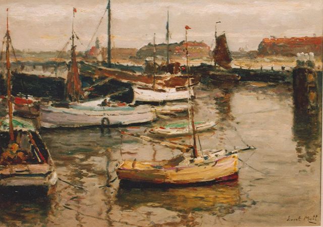 Moll E.  | Moored sailing vessels, Scheveningen, oil on canvas 50.2 x 70.4 cm, signed l.r.