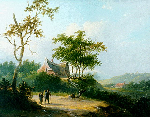 Stok J. van der | Travellers in an extensive summer landscape, oil on panel 25.7 x 32.6 cm