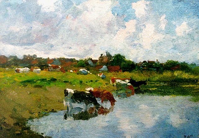Voerman sr. J.  | Watering cows, oil on panel 17.7 x 25.3 cm, signed l.r. with initials