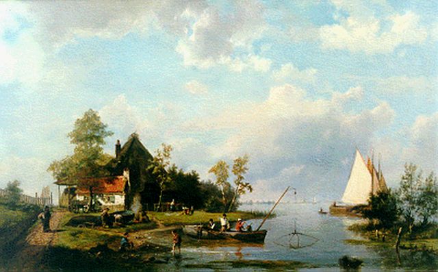 Koekkoek H.  | A river landscape with a shipyard, oil on canvas 47.4 x 74.9 cm, signed l.l.