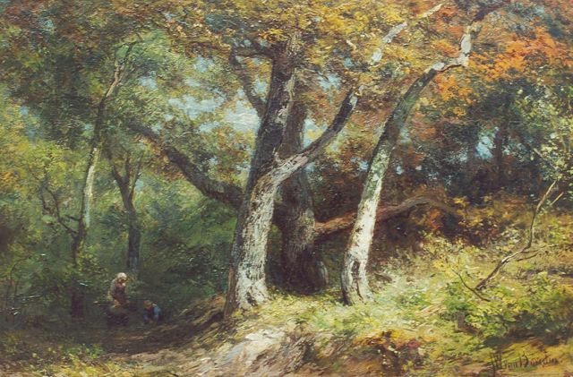Jan Willem van Borselen | Wood gatherers on a forest track, oil on panel, 27.8 x 42.0 cm, signed l.r.